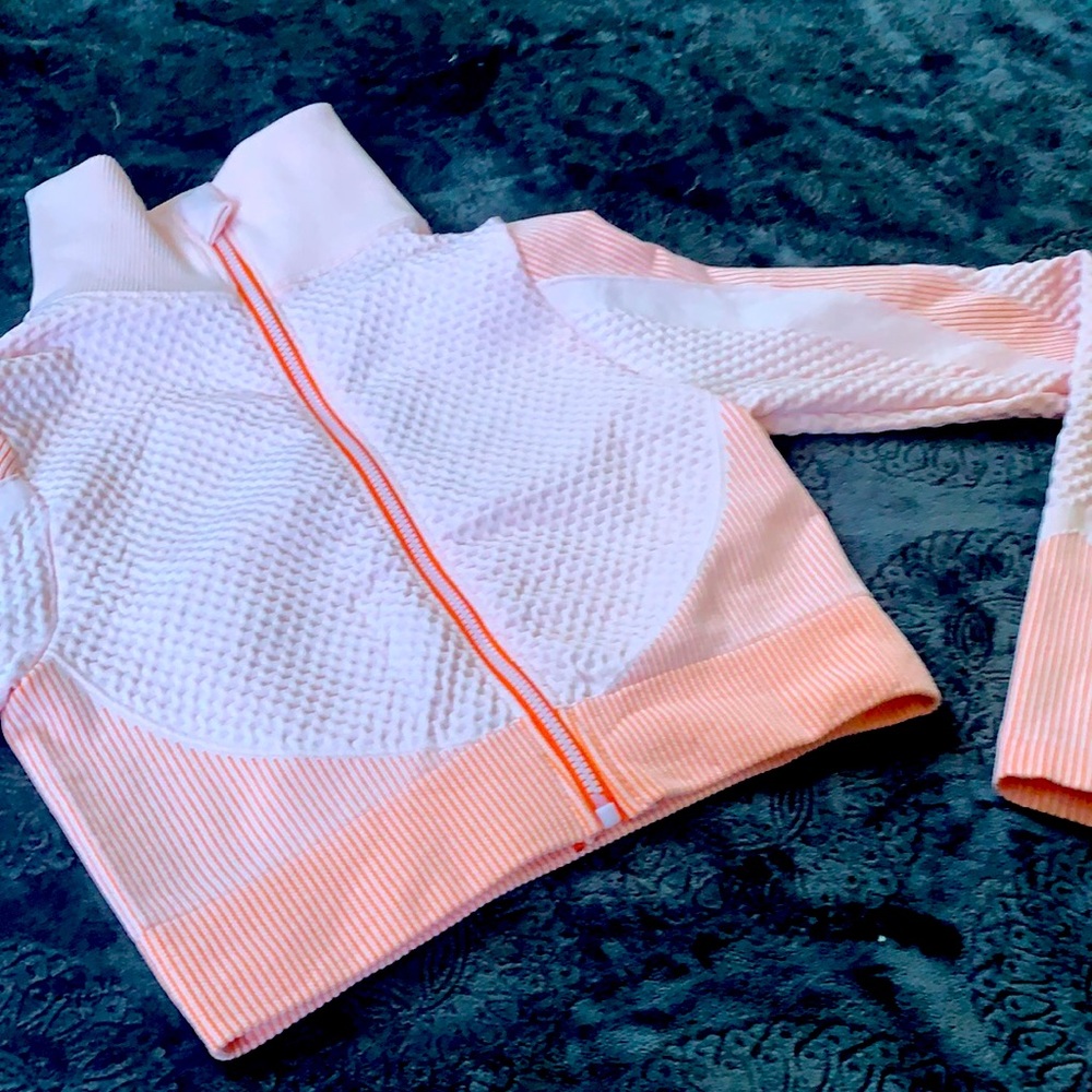 Peach, long-sleeved, fitted turtle neck, athletic crop top